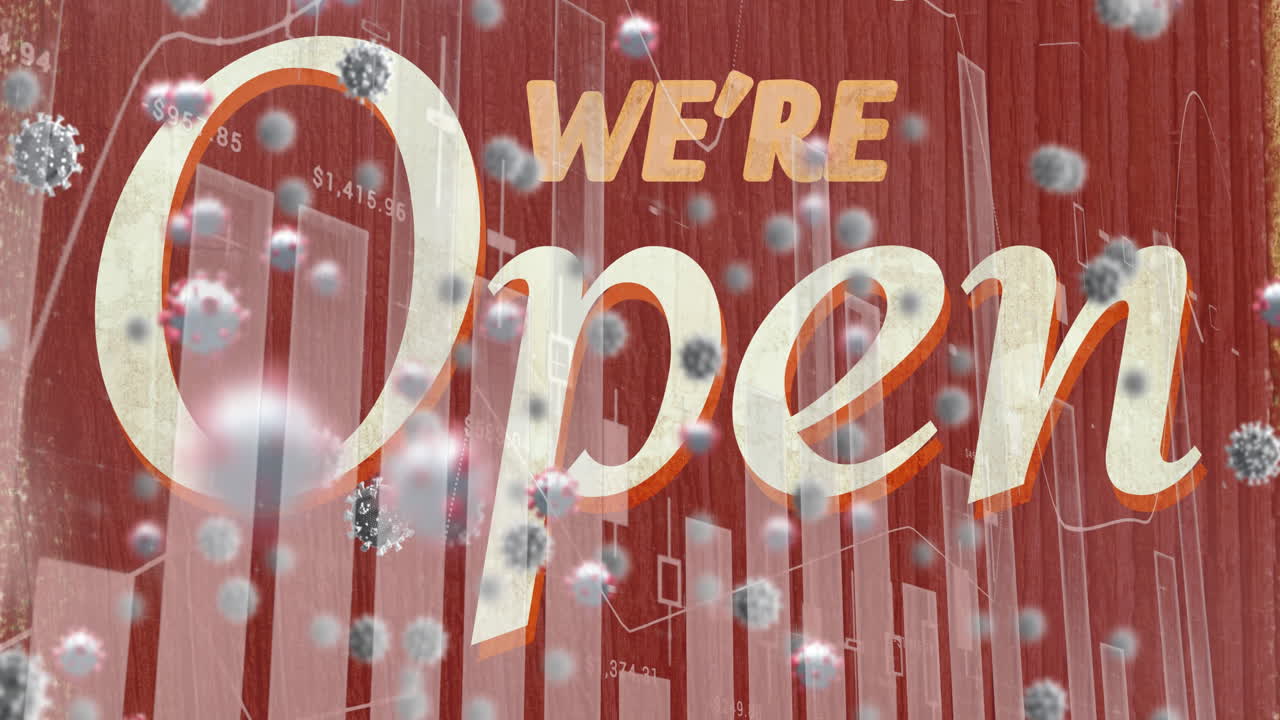 暗い背景の上に浮かぶマクロcovid-19細胞と図面の上に開いているテキストのアニメーション