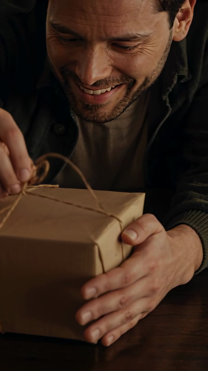 Vertical video: Smiling man seeing parcel leaning on table pulling twine hoping to reveal two boxes