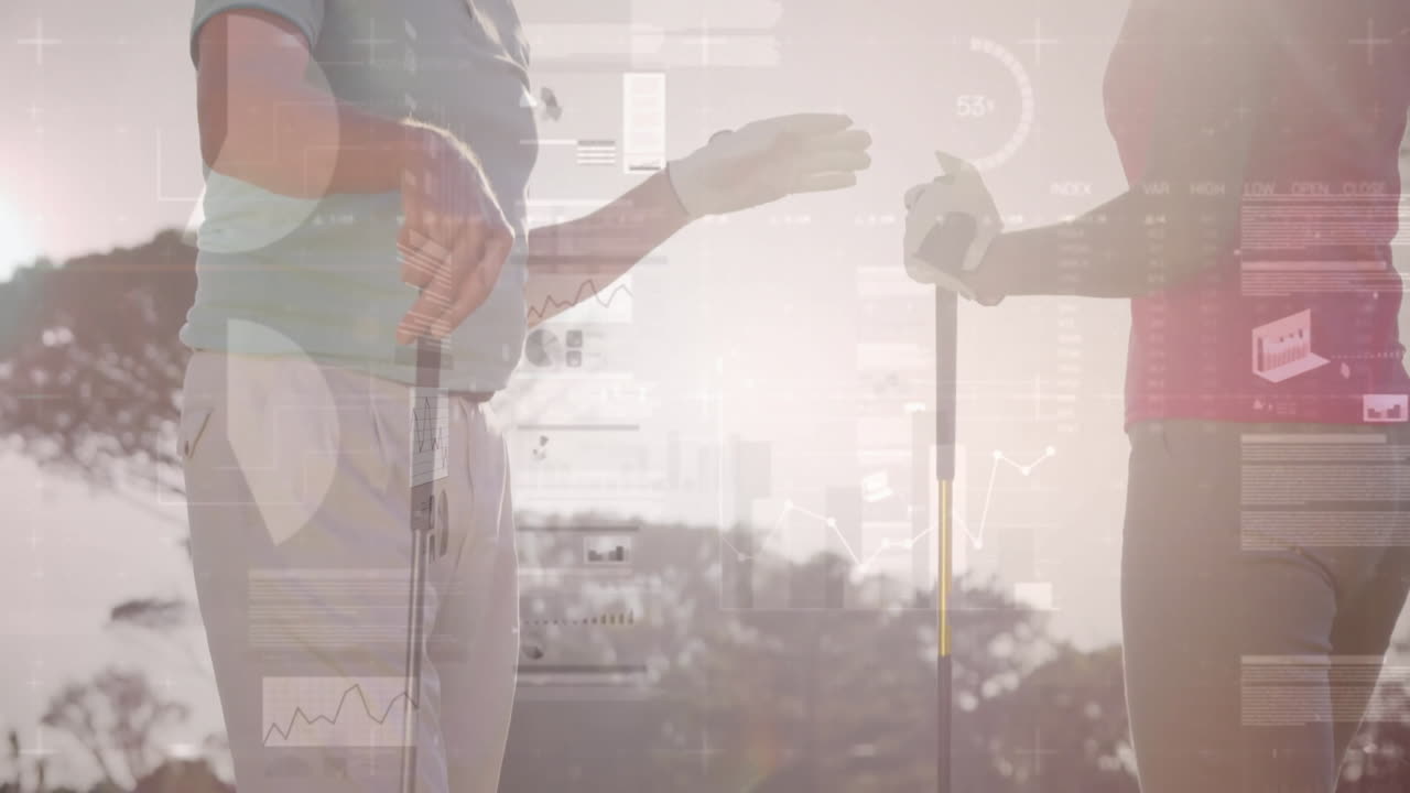 High-fiving golfers with data analytics animation overlaying golf course scene