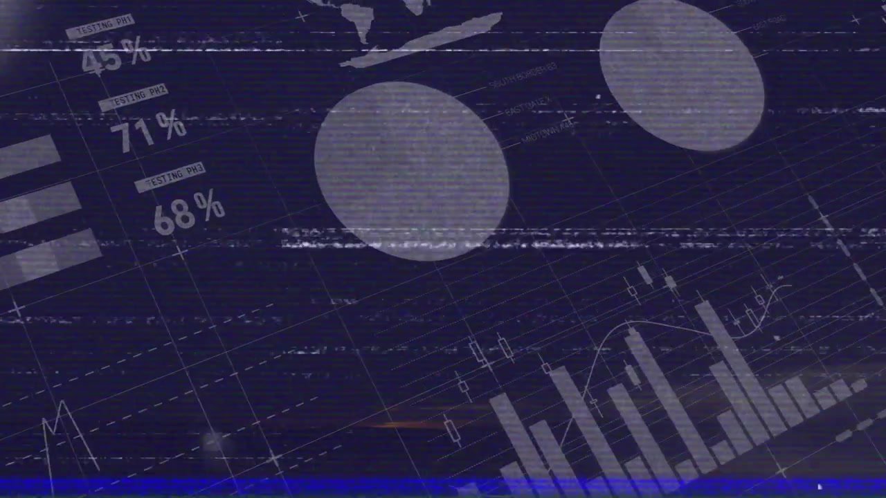 Sliding horizontal bars glitching gauges and revealing expanding pie charts displaying data