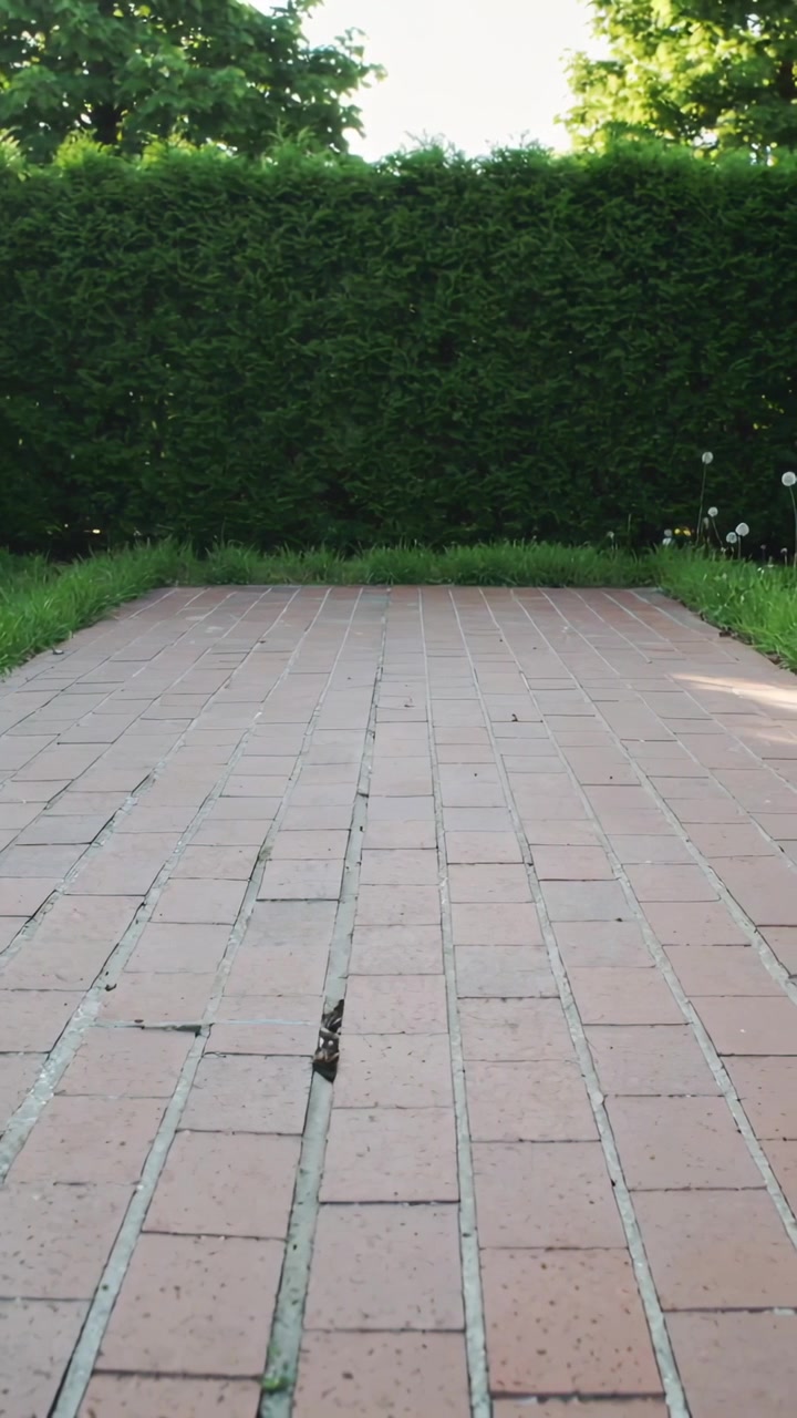 Vertical video: Framing low-angle brick path showing central crack in garden, breeze lifting seeds