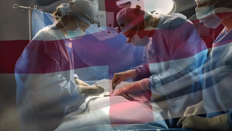 Animation-of-flag-of-england-waving-over-surgeons-in-operating-theatre