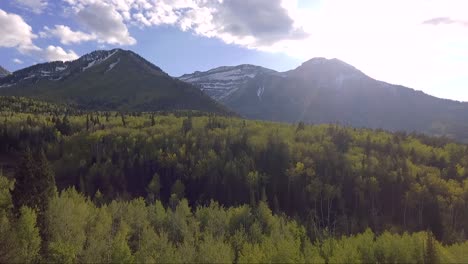 a drone flies parallel to the mountains capture footage of mount timpanogos and the golden aspen trees in the fall