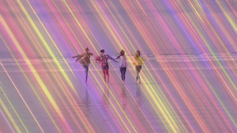 running on beach, four people with colorful animation light streaks overlay