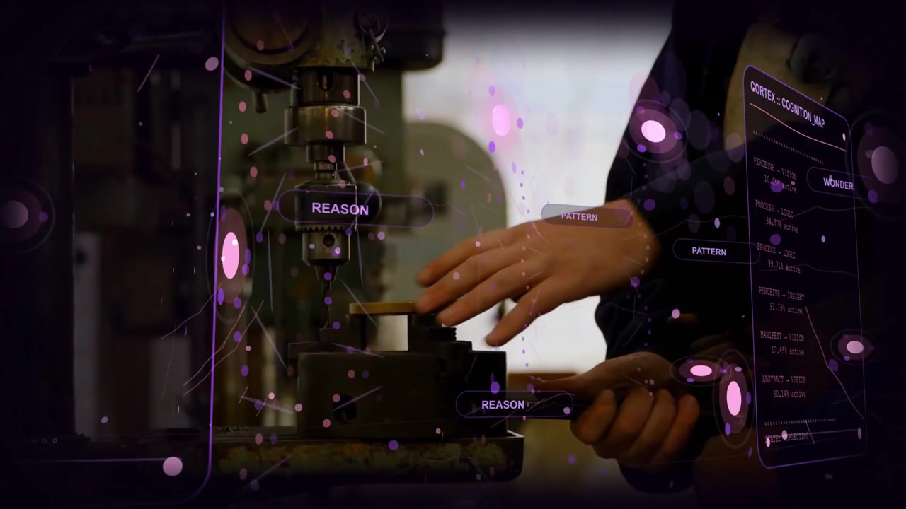 Tech hands and helper entering frame starting setup adjusting part on drill press HUD tagging nodes