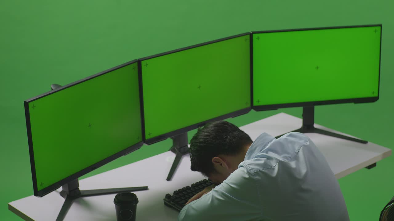 vista laterale di un uomo asiatico stanco che dorme mentre lavora con un monitor di computer simulato in uno studio a schermo verde