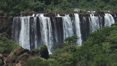 beautiful trees and green scenery with large group of huge waterfalls in iguazu, brazil, amazing picturesque jungle landscape and row of bright waterfalls in rainforest nature landscape