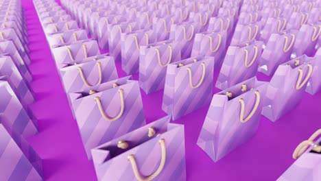 Rows-of-shopping-bags-neatly-lined-up,-3D-animation-on-pink-background