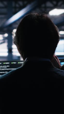 vertical video admin in server room drinks coffee while using ai to review diagnostics