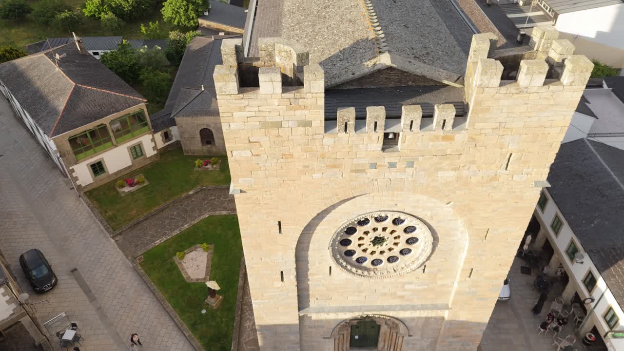Aerial view of Historic Church of San Xoán or Saint James in Portomarín town, Camino de Santiago route