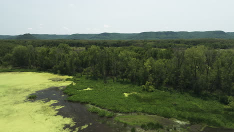Marshland-ecosystem,-drone-flying-over-slough-park-in-Trempealeau,-United-States