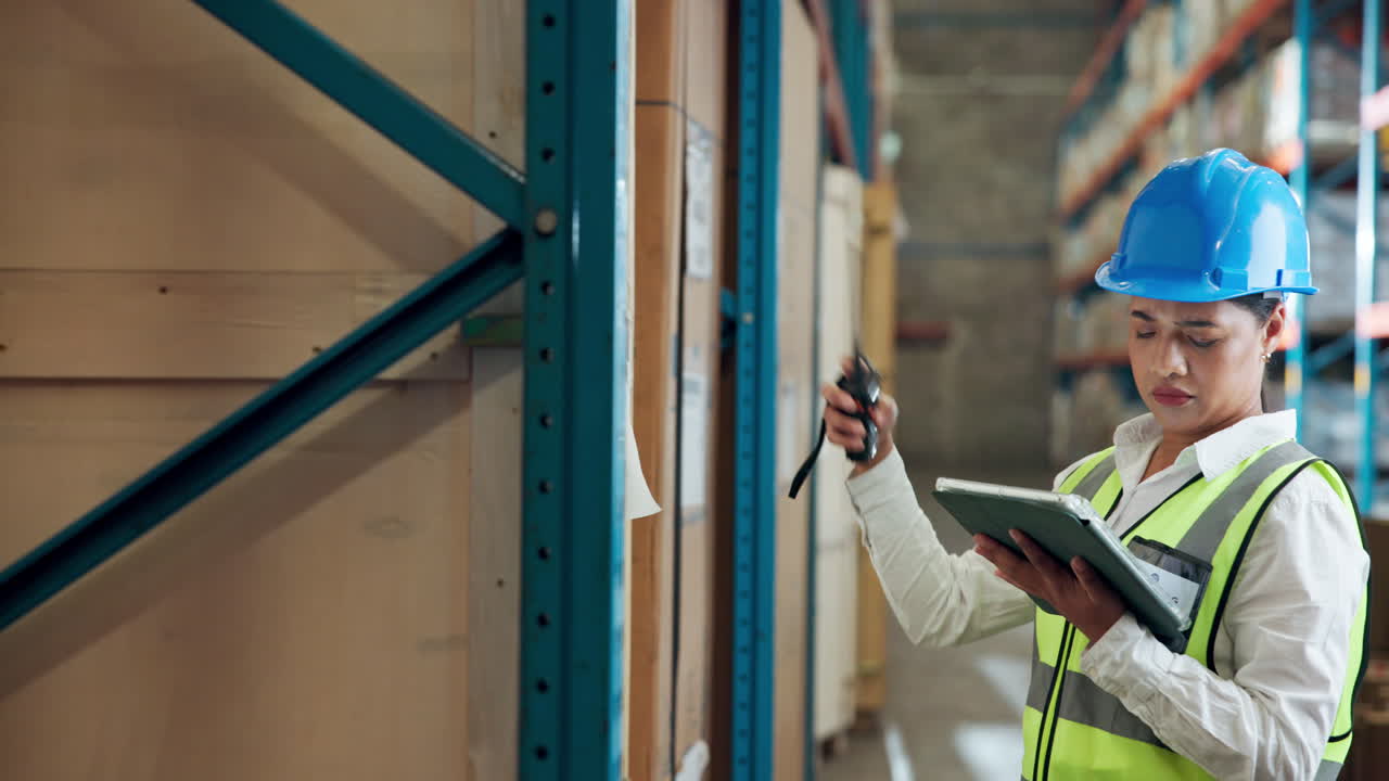 Warehouse worker with walkie-talkie and tablet