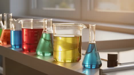 colorful liquids in beakers