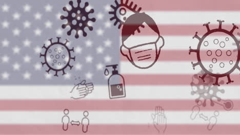 iconos de concepto de coronavirus contra la bandera estadounidense