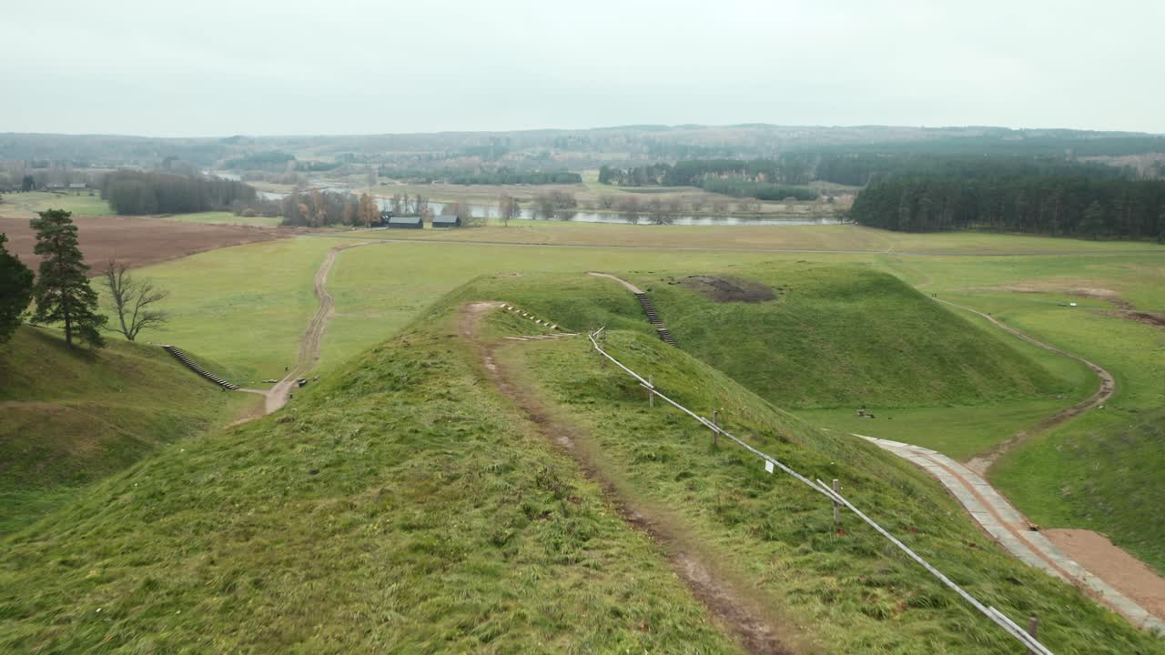AERIAL: Flying off the Top of Mound in Kernave Archaeological site, a Medieval Capital of the Grand Duchy of Lithuania