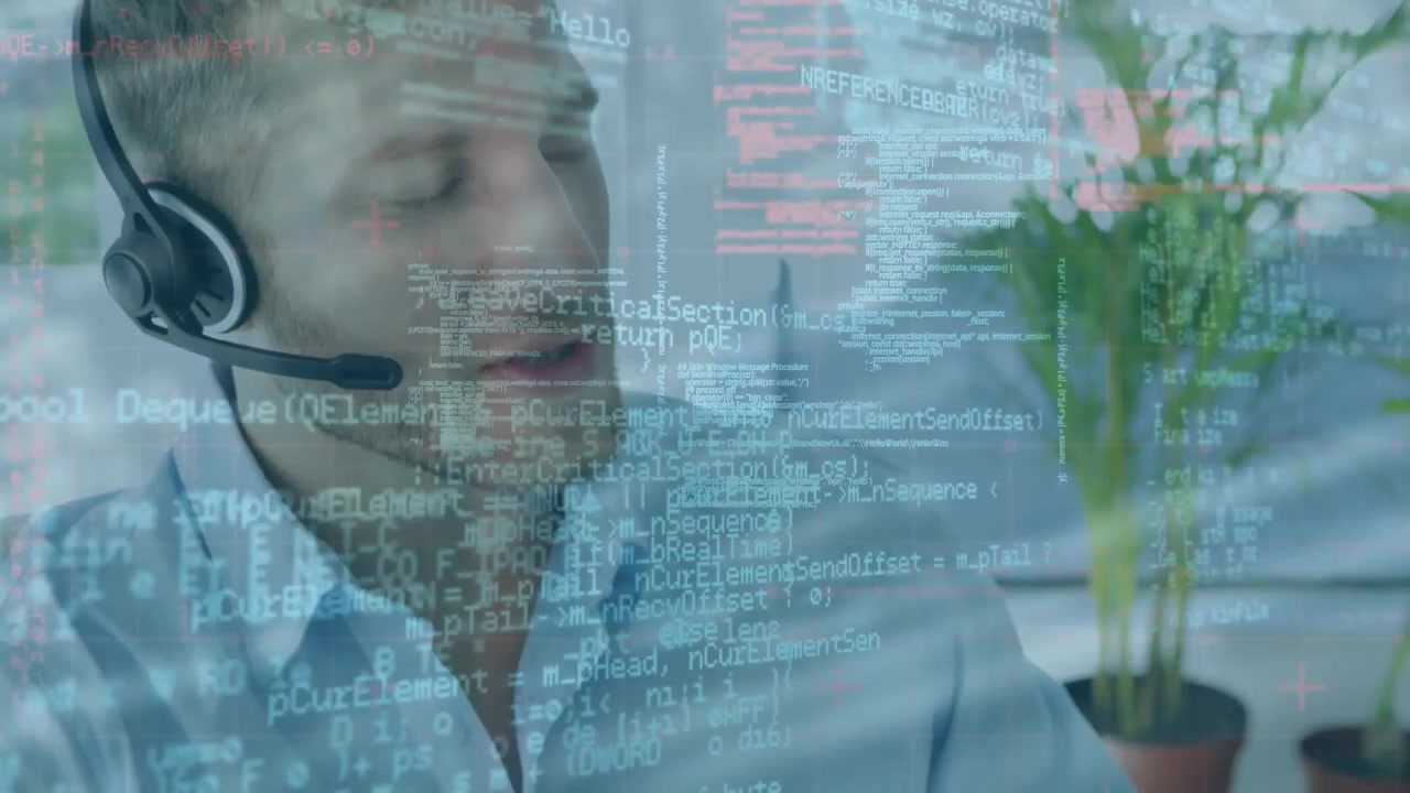 Animation of data processing over businessman using phone headset