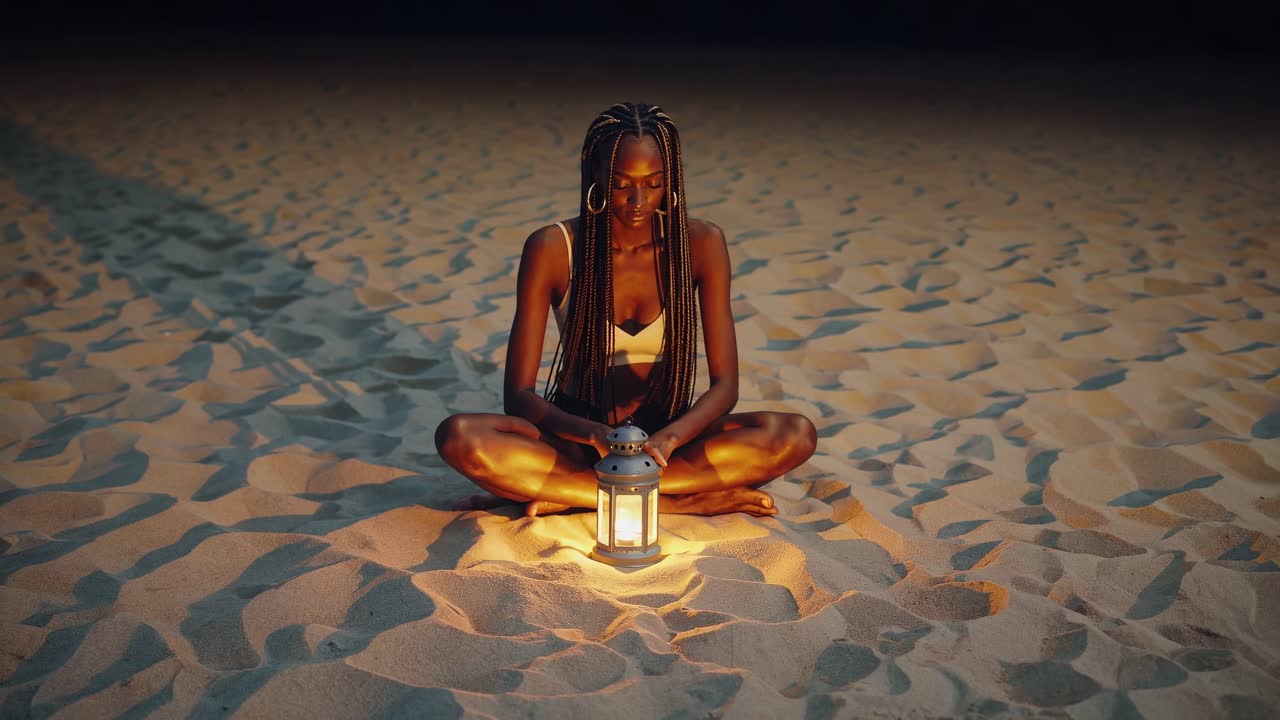 Young woman with braids sitting in the lotus position on the sand at night, holding a glowing lantern, meditating peacefully in the darkness, embracing tranquility and calm
