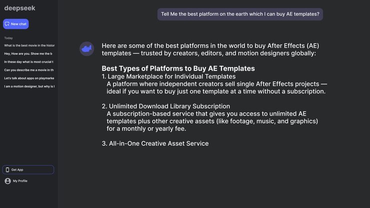 AI Chatbot Interface Displaying Search Results for After Effects Templates