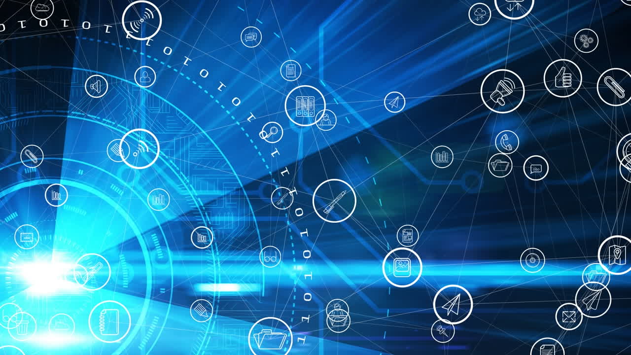 Animation of diverse technology icons moving over blue background with numbers and connections