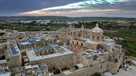 Aerial-drone-view-of-Mdina-old-town-and-castle,-Malta