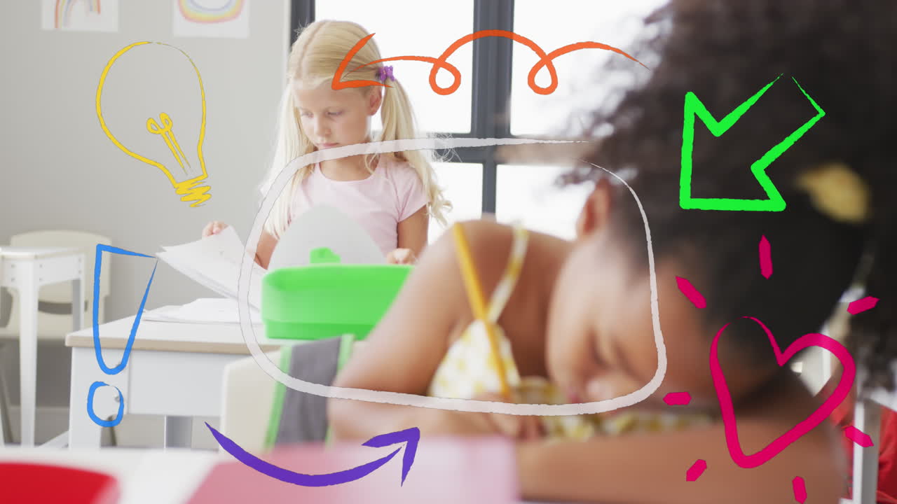 클래스에서 일하는 바쁜 두 인종 학생에 대한 다채로운 영감 아이콘의 애니메이션