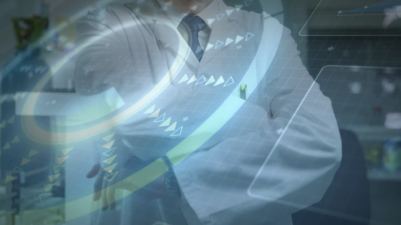 Scientist in lab coat interacting with futuristic digital interface animation