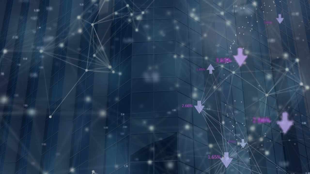 Animation of network of connections with icons over cityscape