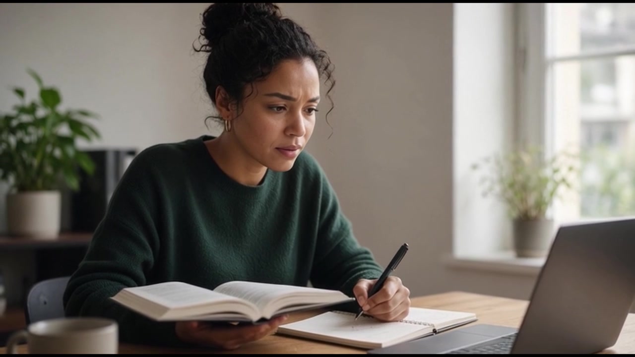 Young Woman Studying with Book and Laptop at Home