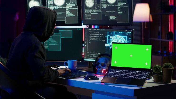Laptop con schermo verde usato dall'hacker nel nascondiglio sotterraneo per scrivere linee di codice