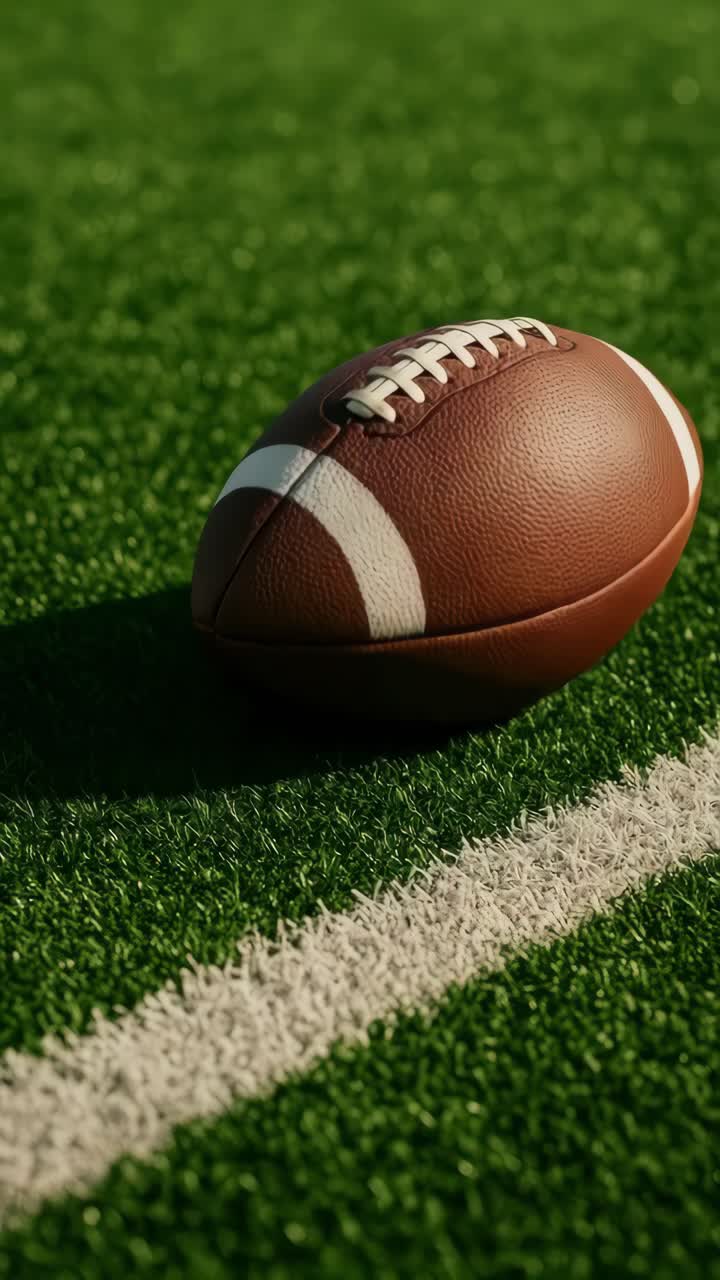 American Football Rests on Green Artificial Turf Field