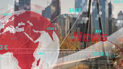 man jogging across cable-stayed bridge, woman walking under floating data hexagons, red news globe