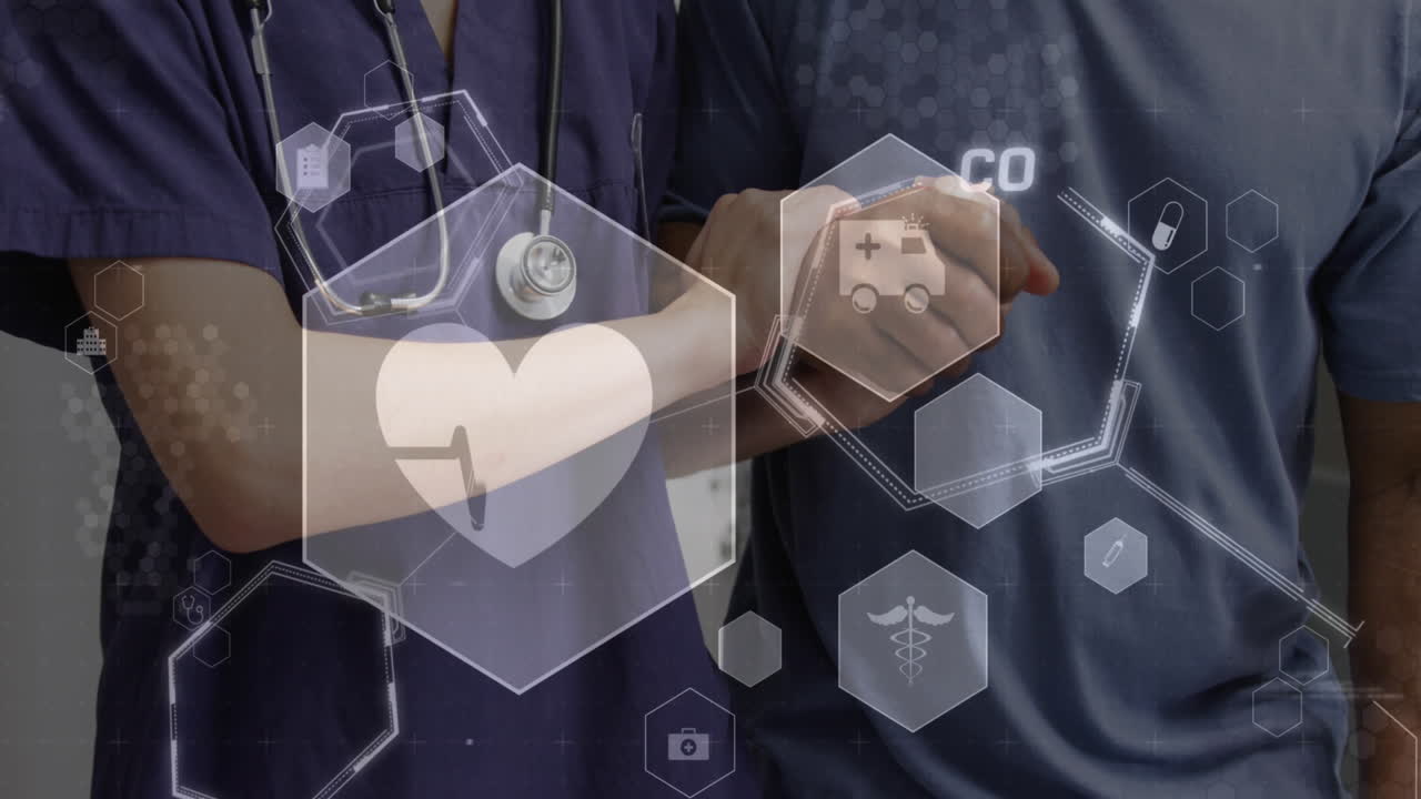 다양한 여성 의사와 남성 환자를 지원하는 다양한 여성 의사의 심장 박동과 분자 구조의 애니메이션