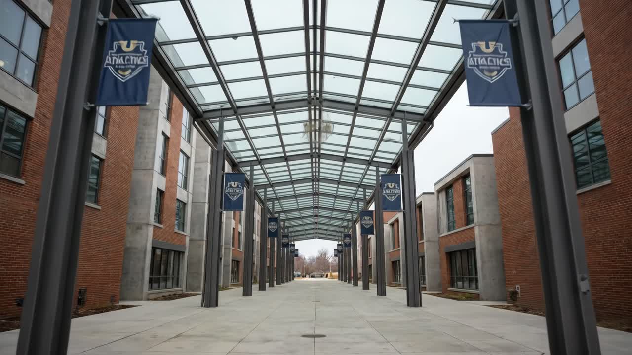 Passaggio coperto moderno tra edifici in mattoni nel campus universitario
