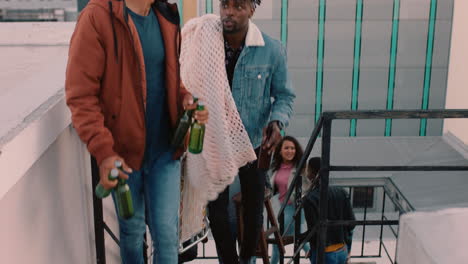 group of friends walking up fire escape stairs to rooftop party chatting sharing excitement preparing for weekend celebration in city