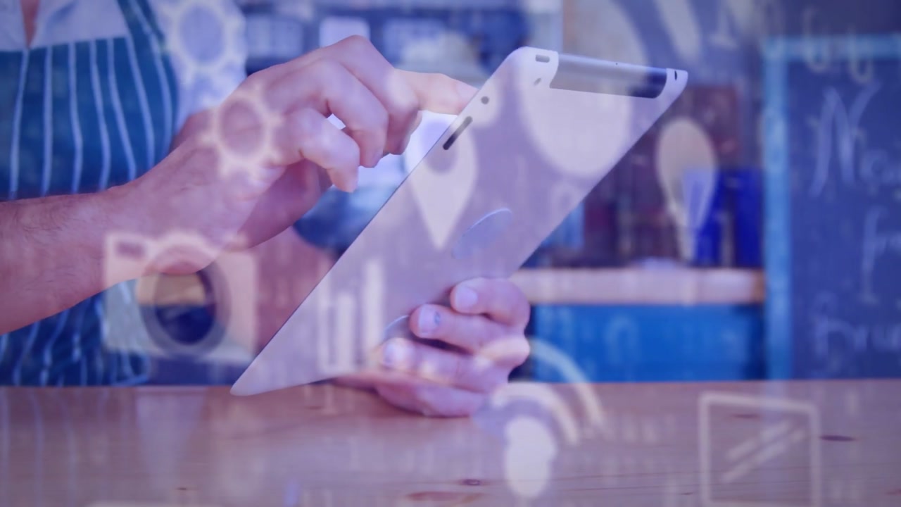 Fingers tapping tablet starting layered tech overlay, worker swiping updating orders and inventory