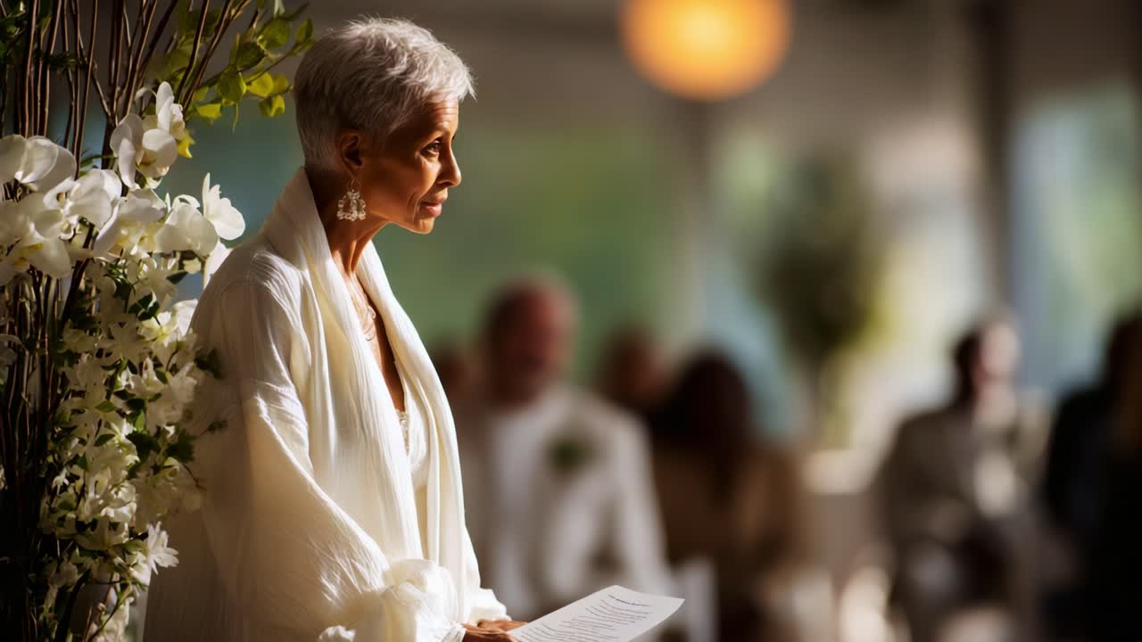 Emotional Moment: A Woman in White Reads Meaningful Words at a Celebratory Event Surrounded by Beautiful Flowers and Guests, Capturing the Essence of Togetherness and Love