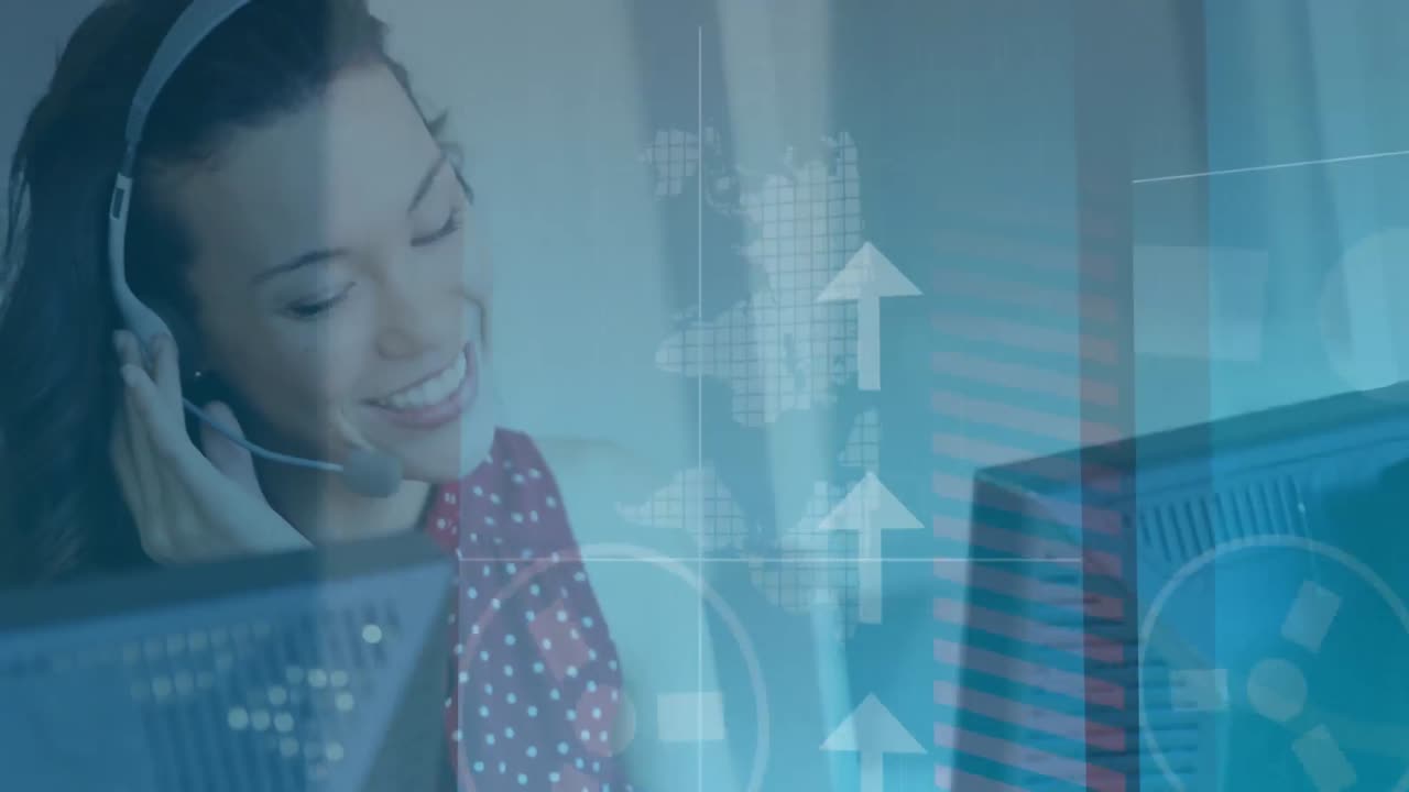 animación de iconos de flecha volando sobre una mujer usando auriculares de teléfono en casa