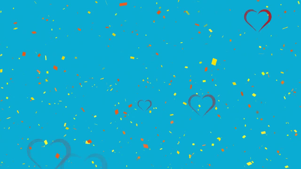 소셜 미디어의 심장 아이콘과 파란색 배경에 떨어지는 콘페티의 애니메이션