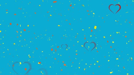 Animation-of-social-media-heart-icons-and-confetti-falling-on-blue-background