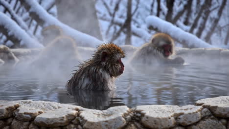 snow monkeys relaxing in hot springs