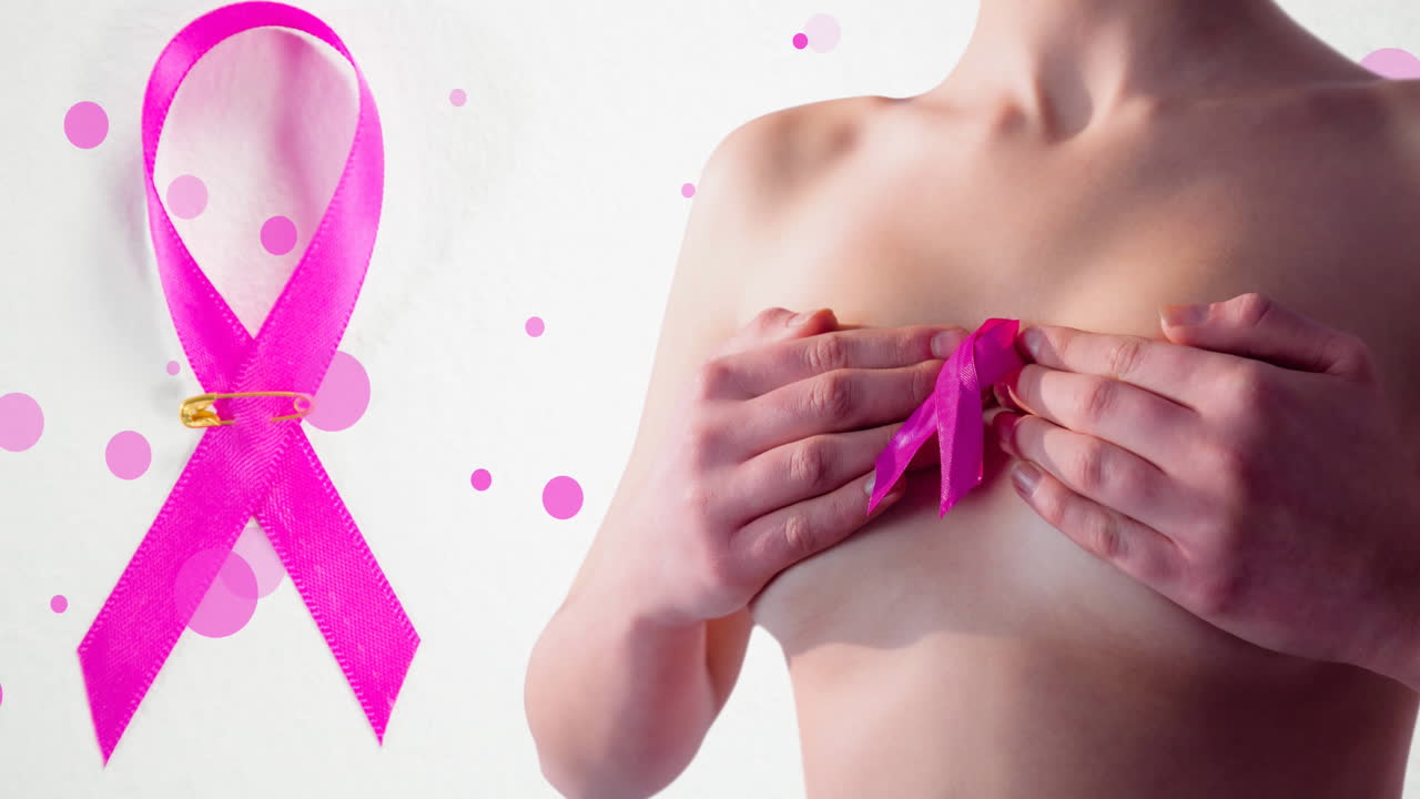 Animazione di testo di sensibilizzazione sul cancro sopra donna caucasica e nastro rosa del cancro