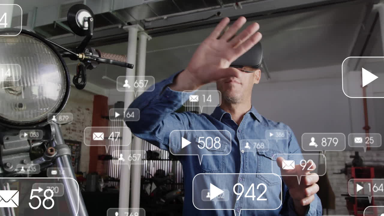Man wearing VR headset reaching in garage interacting with floating social UI icons for marketing