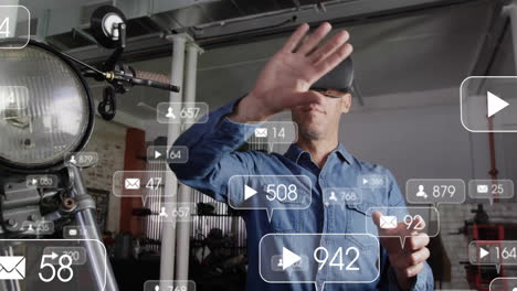 man wearing vr headset reaching in garage interacting with floating social ui icons for marketing