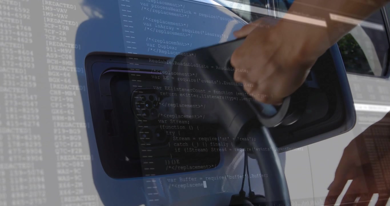 Woman touching flap, opening EV port, inserting connector to charge EV, phone reflection with code