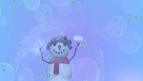 animation of snowflake icons falling over snowwoman icon against spots of light on blue background