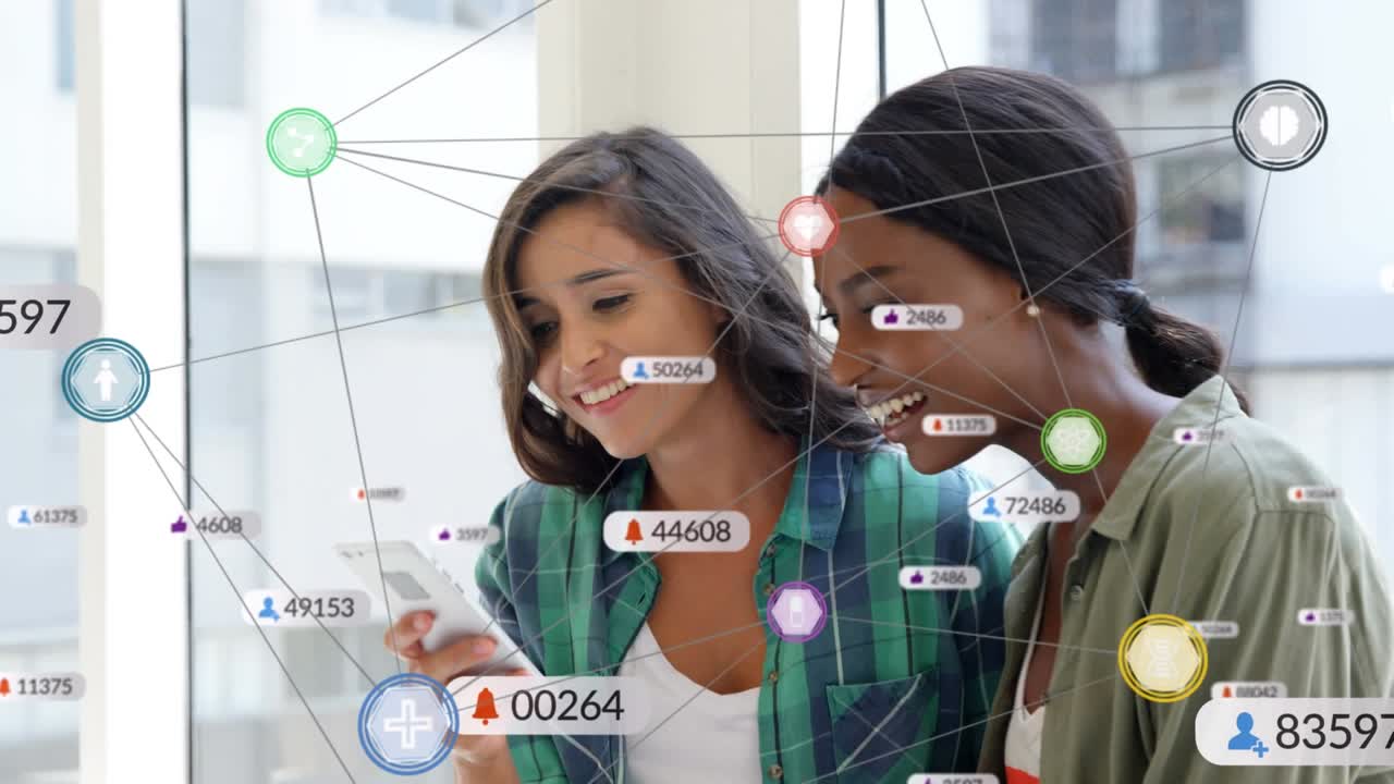 Animation of network of connections with icons over two diverse people