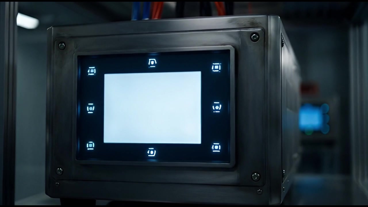 Modern Industrial Device with Blank Screen and Glowing Blue Icons