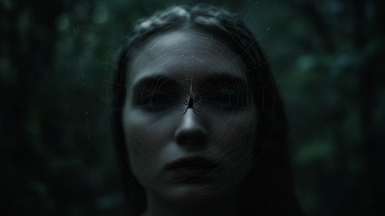 A Chilling Encounter: An Enigmatic Figure Stares Intently Through a Web, Capturing the Tension Between Nature's Predators and Their Prey in a Dark Forest Setting