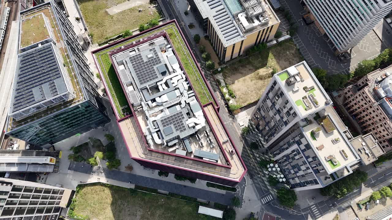 Overhead drone aerial view high rise buildings Croydon town centre UK