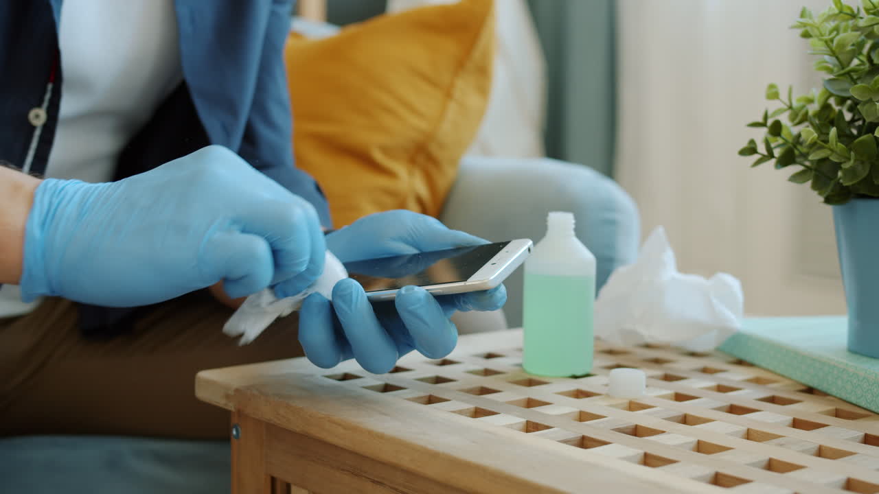 Cleaning a Smartphone with Gloves and Disinfectant